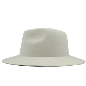 Light grey wide brim wool fedora hat for women with a classic minimalist felt design