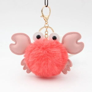 Cute cartoon crab pompom keychain with pink faux fur and gold lobster clasp accessories