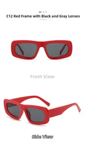 Détails de lunettes de soleil rectangulaires rouges brillantes avec verres gris foncé
