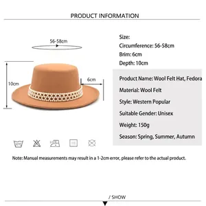 Khaki wool felt fedora with pearl band detailing and flat top brim dimensions