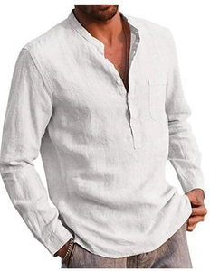Detail of white linen shirt showing the Henley collar, chest pocket and fabric texture