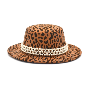 Leopard Print Fedora Hat Wool Felt Boater With Artificial Pearl Band Flat Top Wide Brim Retro Jazz Cap For Women Men