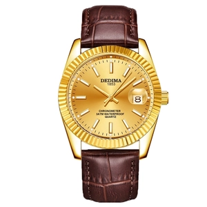 Men's gold quartz watch with brown leather strap and date display on white background