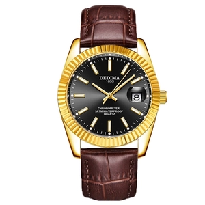 Men's luminous quartz watch with gold fluted bezel, black dial and brown leather strap