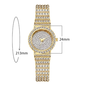 Elegant gold-tone women's watch featuring 24mm iced-out dial and full rhinestone band