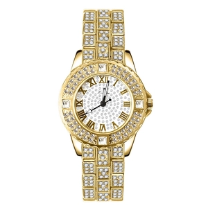 Luxurious gold stainless steel quartz watch for women with sparkling rhinestones decoration