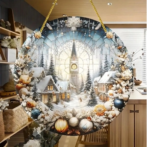 Hanging acrylic ornament with Christmas winter church scene and golden string