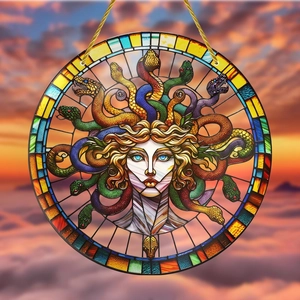 Detail of bohemian acrylic round plaque featuring a colorful Medusa design for home decor