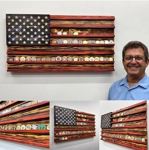 Detail of wooden American flag coin display rack with shelves and wall mounting view