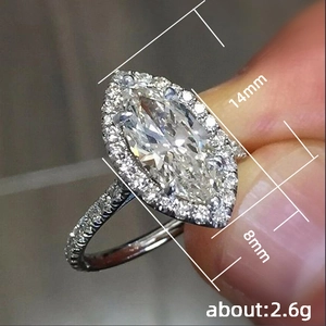 Marquise cut zircon halo ring in silver finish with pavé band and 14mm dimension