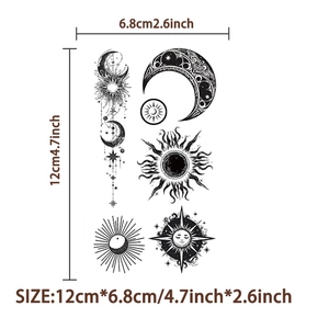 Waterproof sun and moon temporary tattoos with stars in black ink, 12x6.8cm sheet