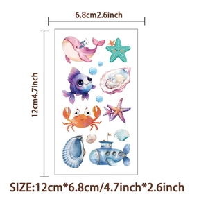 Detailed view of colorful sea animal tattoo stickers with size markings on white background