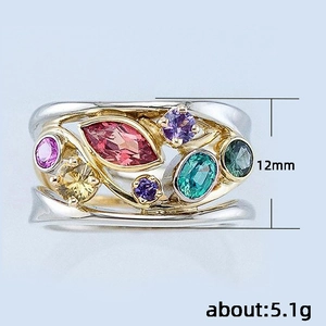 Colorful gemstone ring in gold and silver finish with leaf design, 12mm height