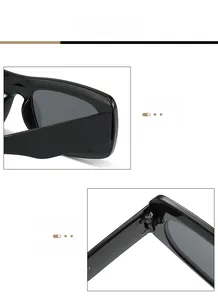 Vue détaillée de lunettes de soleil carrées noir brillant avec charnières métalliques