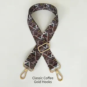 Ethnic wide bag strap in classical coffee with colorful patterns and gold metal hooks