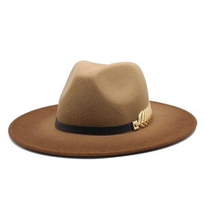 Detail of fedora hat with black band and gold feather metal accessory on wide brim