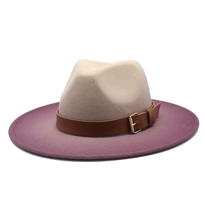Neutral felt fedora hat with beige to purple gradient and brown leather band buckle