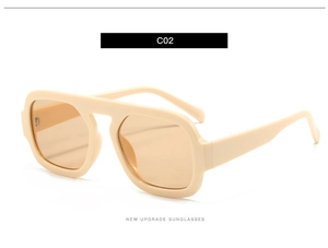 Detail view of cream beige square pilot sunglasses with light brown lenses and C02 model code