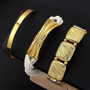 Geometric Bangle Bracelet Copper 18K Gold Plated White Beaded Embossed Leaf Retro Style Fashion Jewelry For Women
