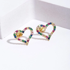 Golden heart stud earrings with colorful cubic zirconia and micro-pave setting