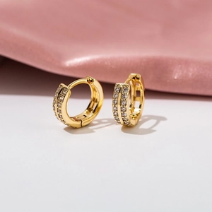 Exquisite 18K gold plated hoop earrings featuring double rows of sparkling cubic zirconia
