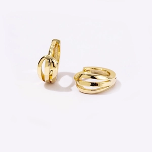 Detail of 18K gold-plated geometric hoop earrings with triple-layered hollow bands