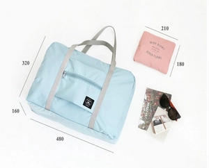 Detailed dimensions of the foldable waterproof travel bag in blue and pink versions