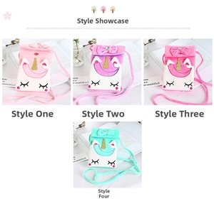 Detailed view of plush unicorn crossbody bags in pink, purple, rose, and turquoise colors