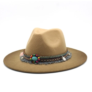Ethnic wool felt jazz hat in tan with turquoise beads and colorful braided trim accents