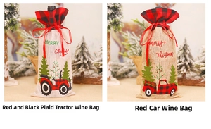 Detail of burlap Christmas wine bottle covers with red plaid tractor and car embroidery