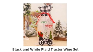 Close-up of burlap Christmas wine bottle cover featuring tractor and tree embroidery