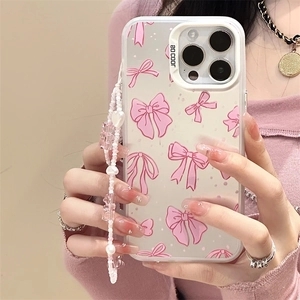 Frosted Laser White Phone Case With Pink Bowknot Pattern Beaded Wrist Chain TPU Shockproof Protective Cute For Women Girls