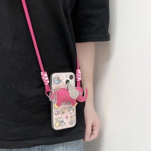 Pink leather elephant crossbody phone case strap with adjustable braided lanyard on model