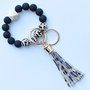 Leopard print silicone bead keychain bracelet with wood bead and PU tassel pendant