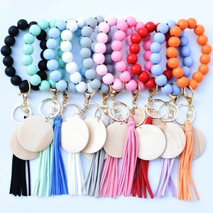 Wood Silicone Beaded Keychain Bracelet Wristlet For Women With Leather Tassel And Wooden Disc Bohemian Style