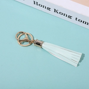 Close-up of light blue PU leather tassel keychain with gold alloy rings on magazine