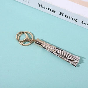 Detail shot of golden metal keyring with beige snakeskin pattern leather tassel pendant