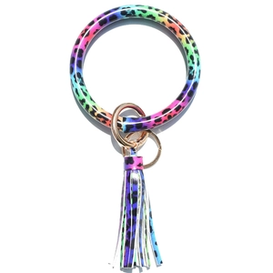 Leather O-Ring Keychain Wristlet With Tassel Leopard Snake Print Fashion Bangle Keychain For Women
