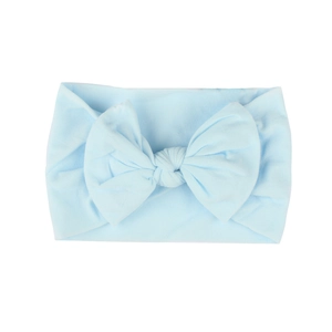 Soft light blue baby headband with large nylon bow detail on a clean white background