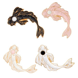 Cute koi fish enamel pins set in black pink and white with traditional Japanese motifs