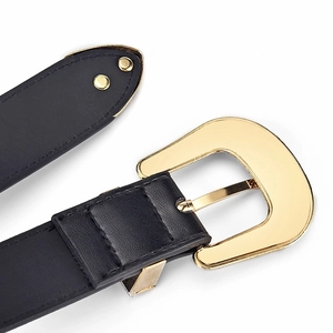 Women's black leather belt with large gold buckle and matching metal end tip detail
