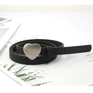 Minimalist black faux leather skinny belt with a silver heart-shaped metal buckle for women