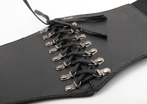 Fashionable black PU leather corset belt with lace-up ties and metal buttons for dresses