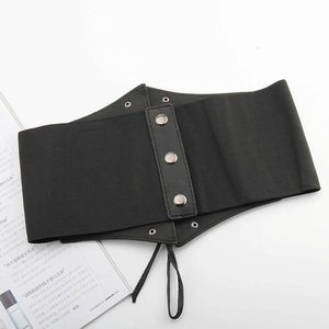 Elastic wide black corset belt with three silver buttons and front drawstring detail