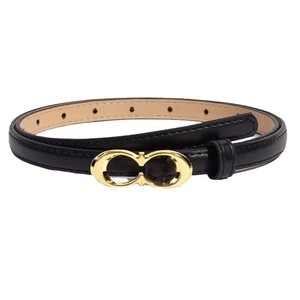 Classic black leather belt for women with a stylish gold-tone C-shape metal buckle