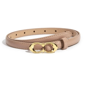 Close-up of beige leather belt with a golden C-shaped buckle and stitching details