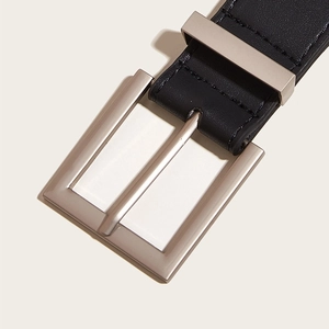 Minimalist black leather belt for men with a classic silver square metal buckle detail