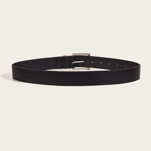 Minimalist black leather belt for women with a vintage silver square pin buckle detail