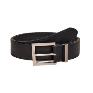 Minimalist black leather belt for women featuring a polished silver metal buckle