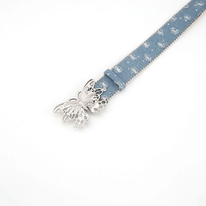 Blue denim canvas belt for women with silver butterfly buckle and sparkling sequins